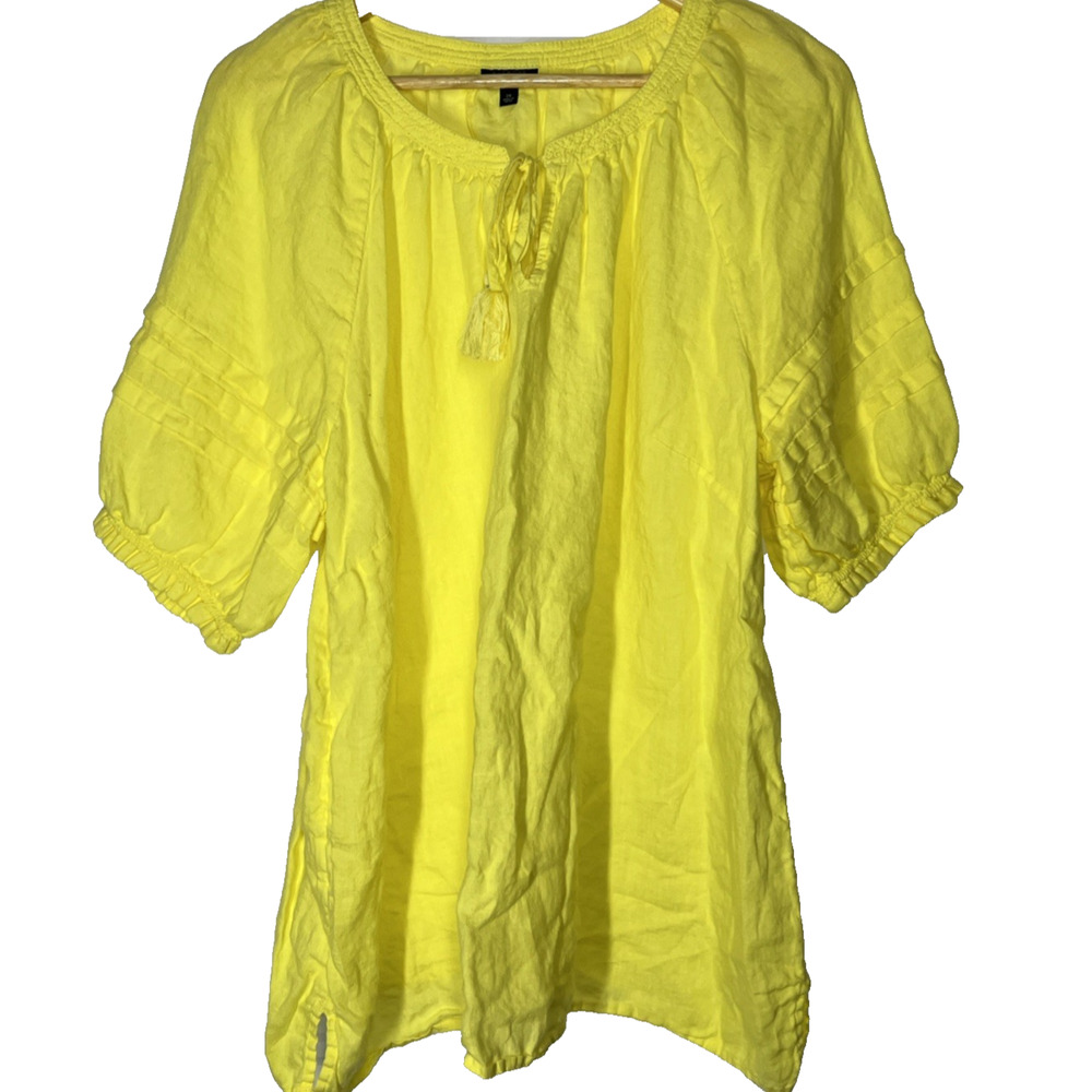 Talbots Linen Top Blouse Womens 2X Yellow Puff Sleeve Summer Boho Travel Resort
